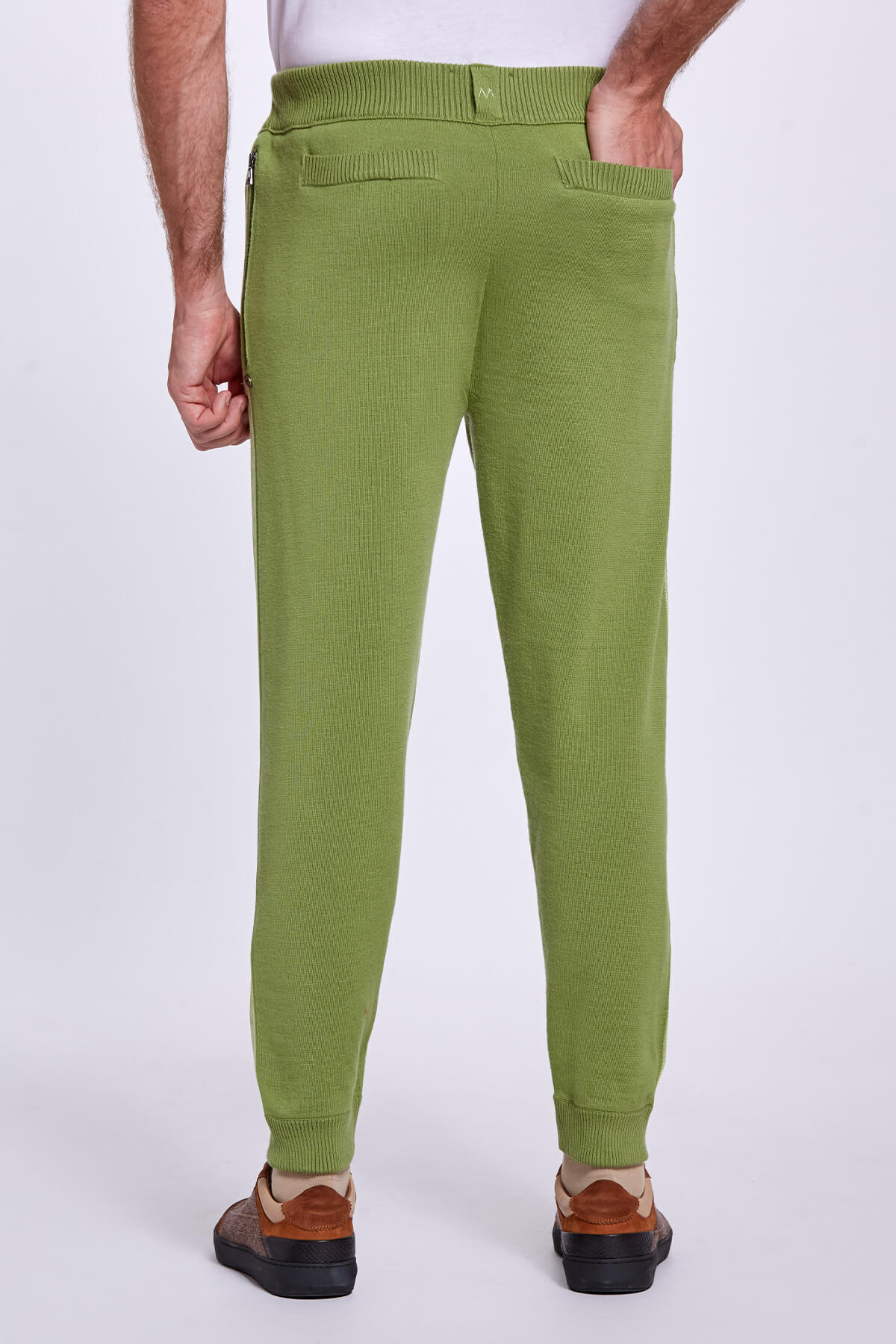 Şerit Detaylı Yeşil Merino Yün Spor Triko Pantolon