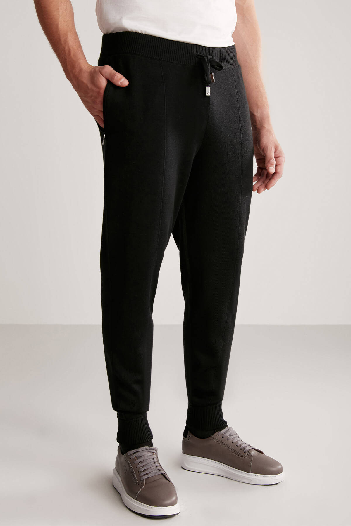 Siyah Merino Yün Activewear Triko Pantolon