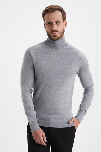 Boğazlı Slim Fit Açık Gri Merino Yün Triko - Hemington