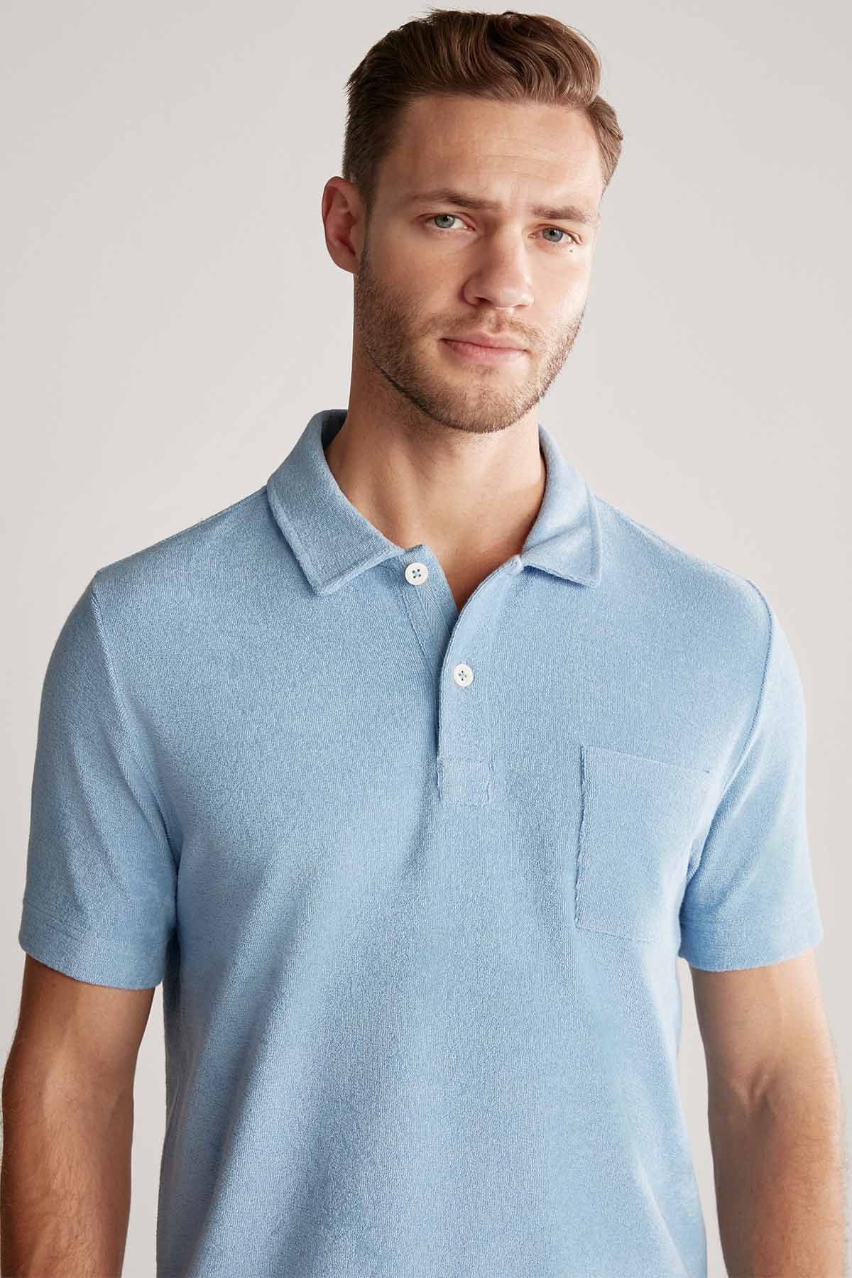 Açık Mavi Havlu Kumaş Polo Yaka T-Shirt