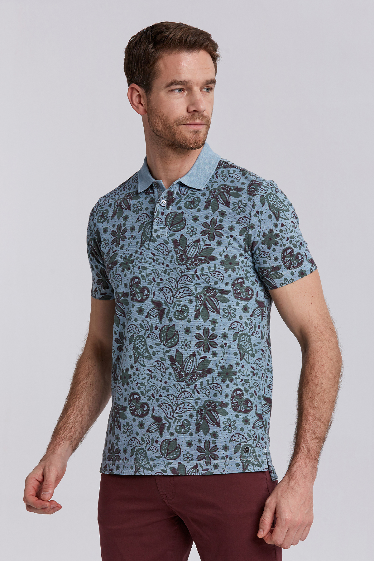 Açık Yeşil Çiçek Desenli Pike Pamuk Polo T-Shirt