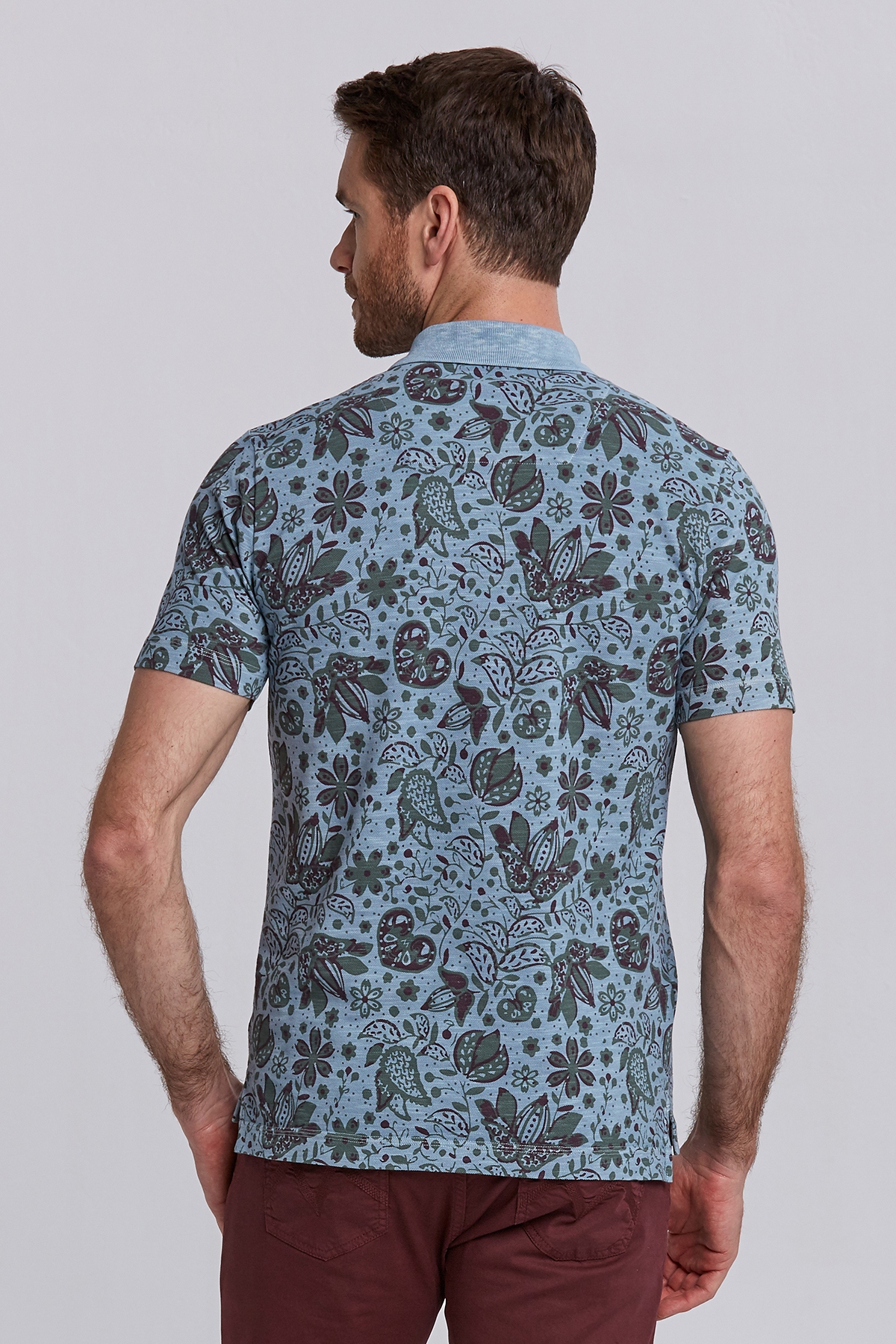 Açık Yeşil Çiçek Desenli Pike Pamuk Polo T-Shirt