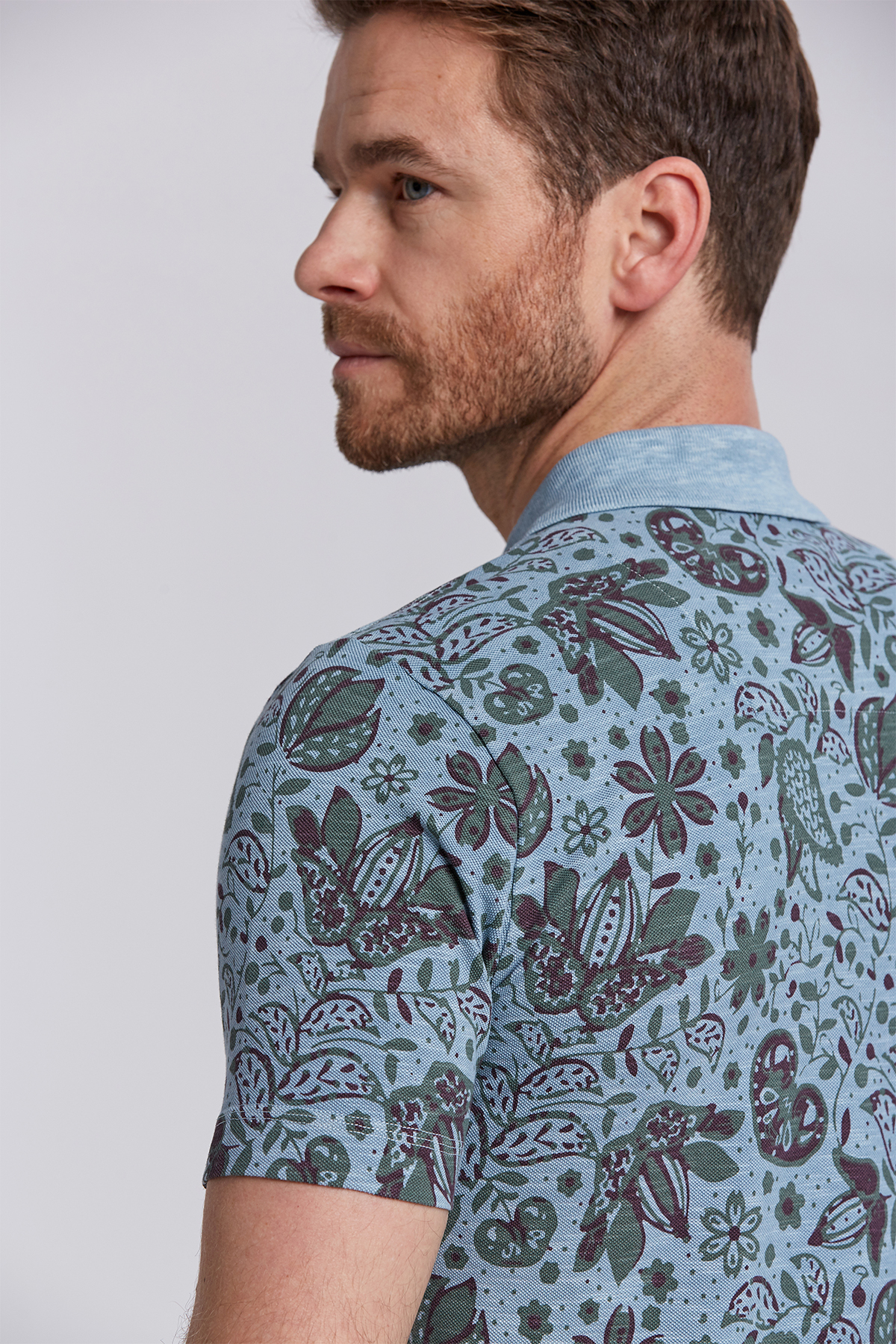 Açık Yeşil Çiçek Desenli Pike Pamuk Polo T-Shirt