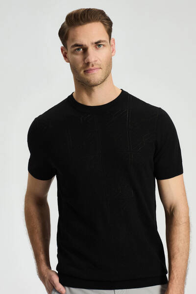 Ajur Örgü Detaylı Bisiklet Yaka Siyah Triko T-Shirt - Hemington