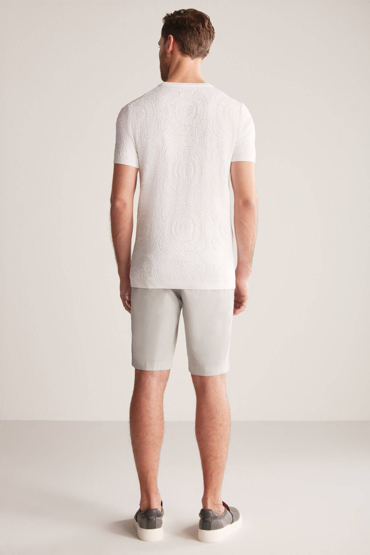 Ajur Örgü Detaylı Kırık Beyaz Triko T-Shirt