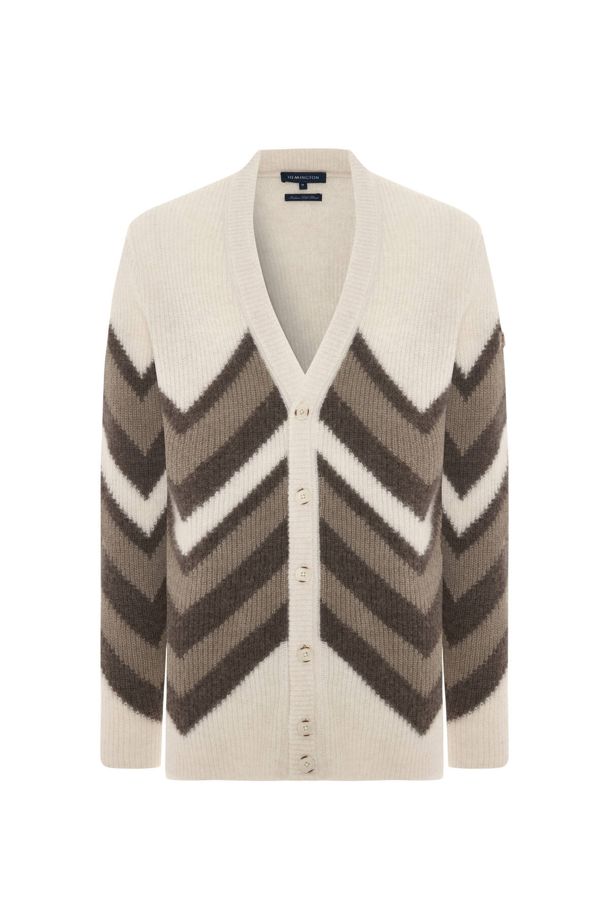 Alpaka Yün Kaşmir Karışım Zigzag Desen Bej Camel Düğmeli Hırka