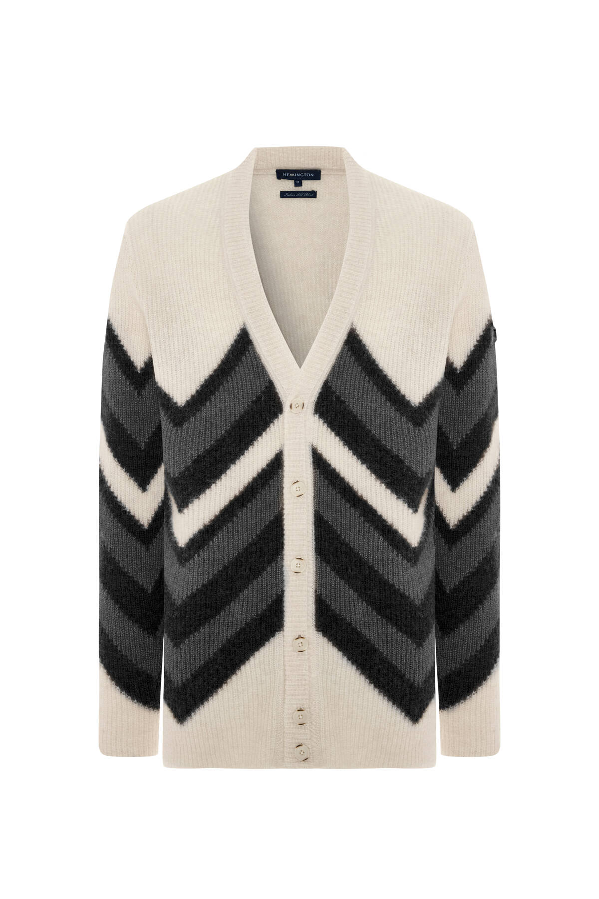 Alpaka Yün Kaşmir Karışım Zigzag Desen Bej Gri Düğmeli Hırka