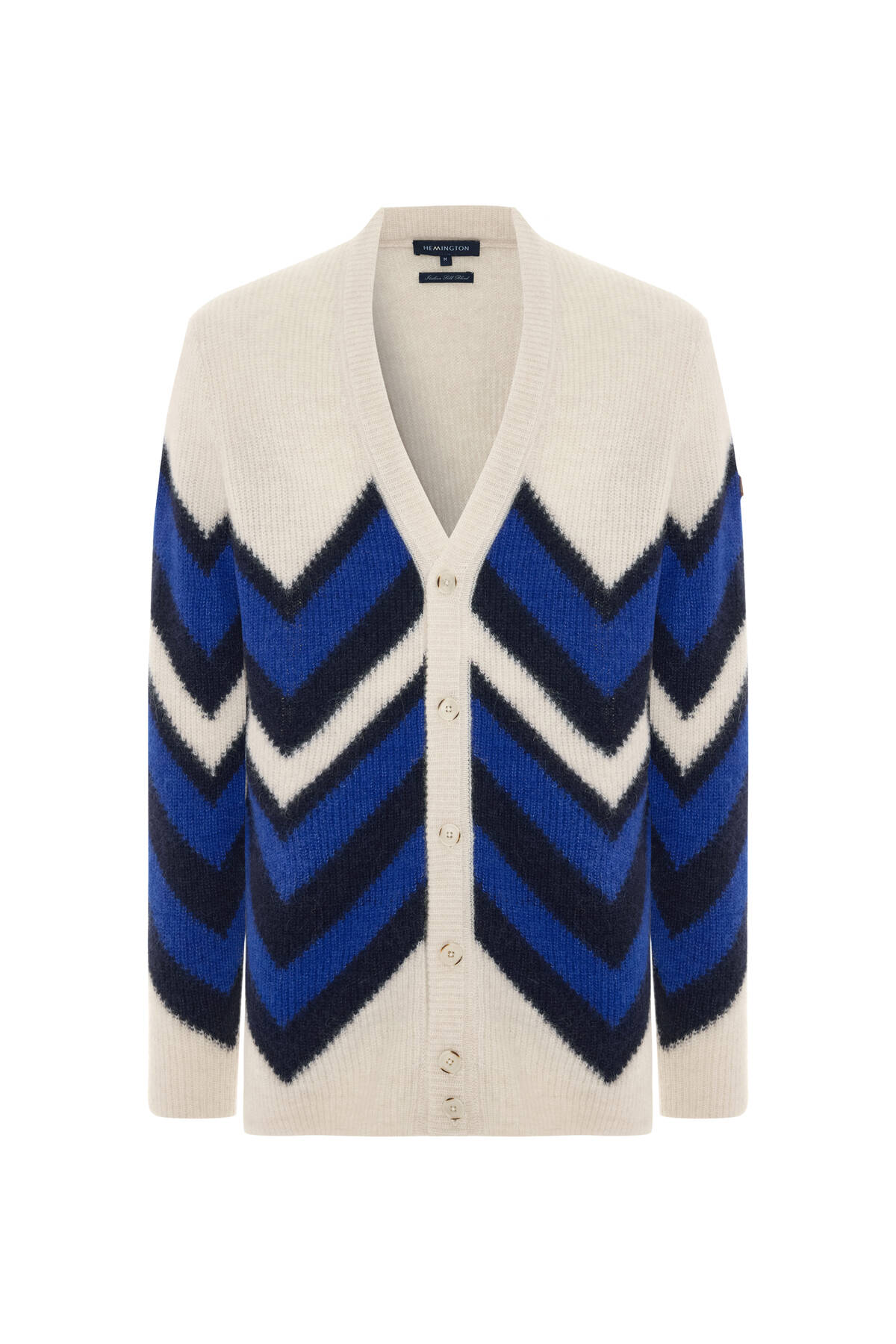 Alpaka Yün Kaşmir Karışım Zigzag Desen Bej Lacivert Düğmeli Hırka