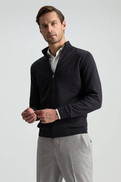 Extrafine Merino Fermuarlı Antrasit Triko Hırka - Hemington