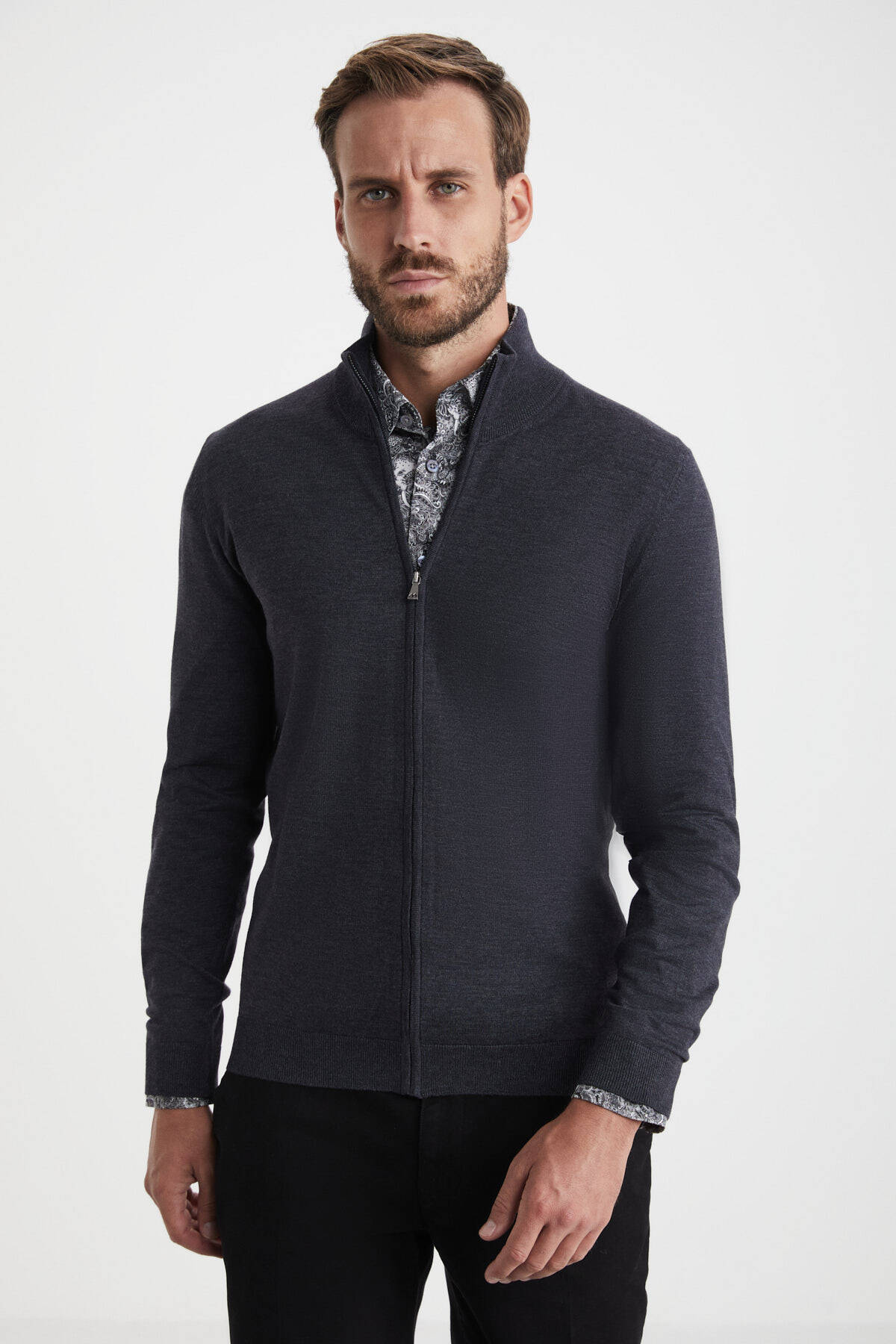 Extrafine Merino Fermuarlı Antrasit Triko Hırka