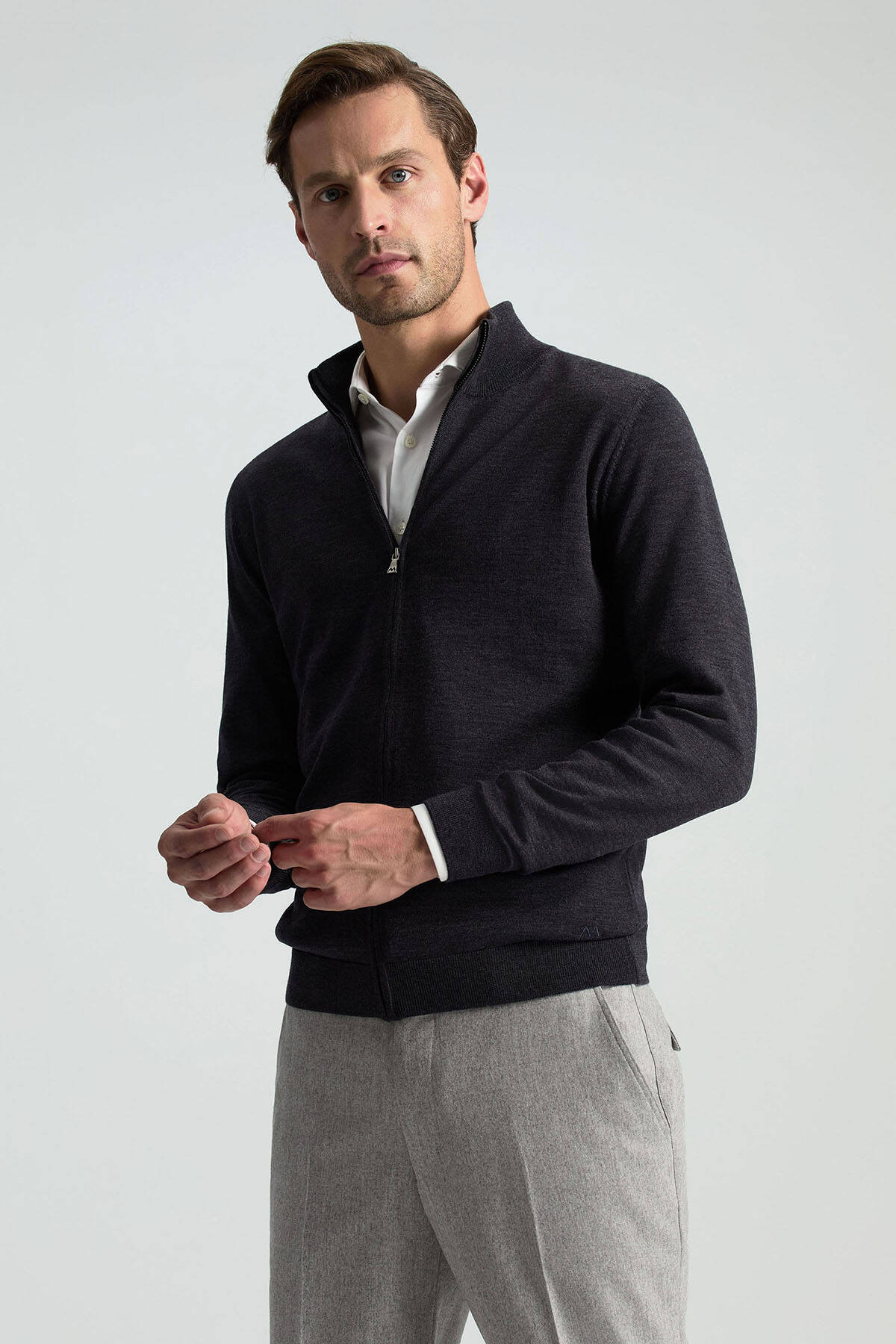 Extrafine Merino Fermuarlı Antrasit Triko Hırka