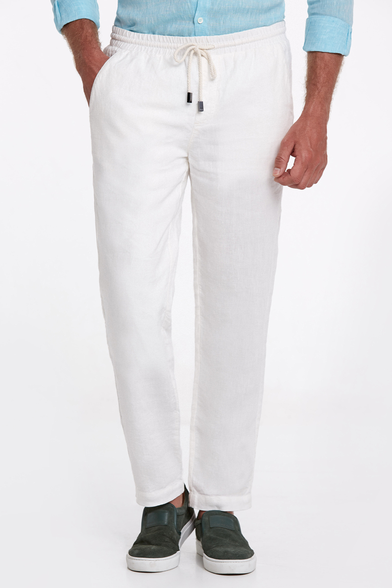 Hemington Bağcıklı Saf Keten Kırık Beyaz Pantolon. 1