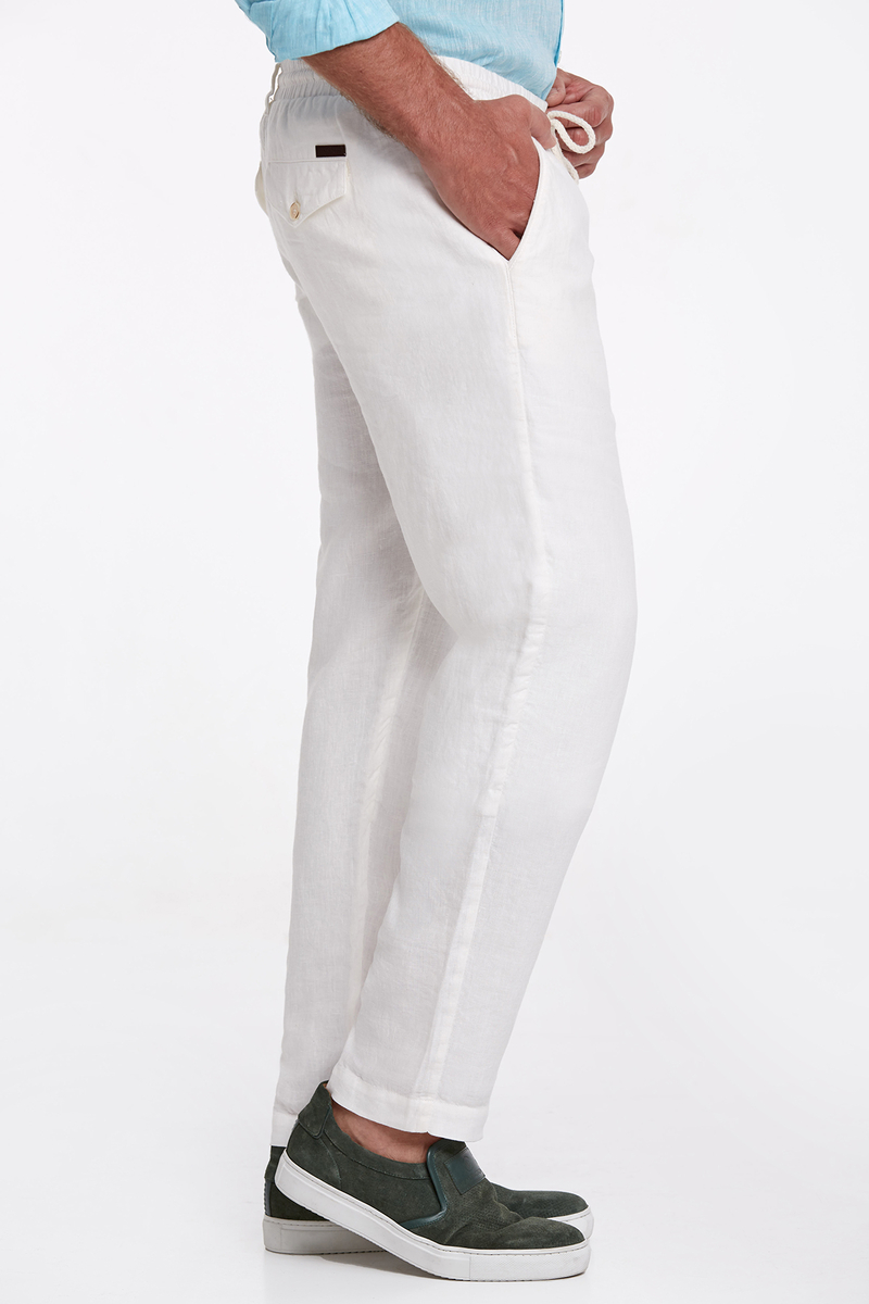 Hemington Bağcıklı Saf Keten Kırık Beyaz Pantolon. 2
