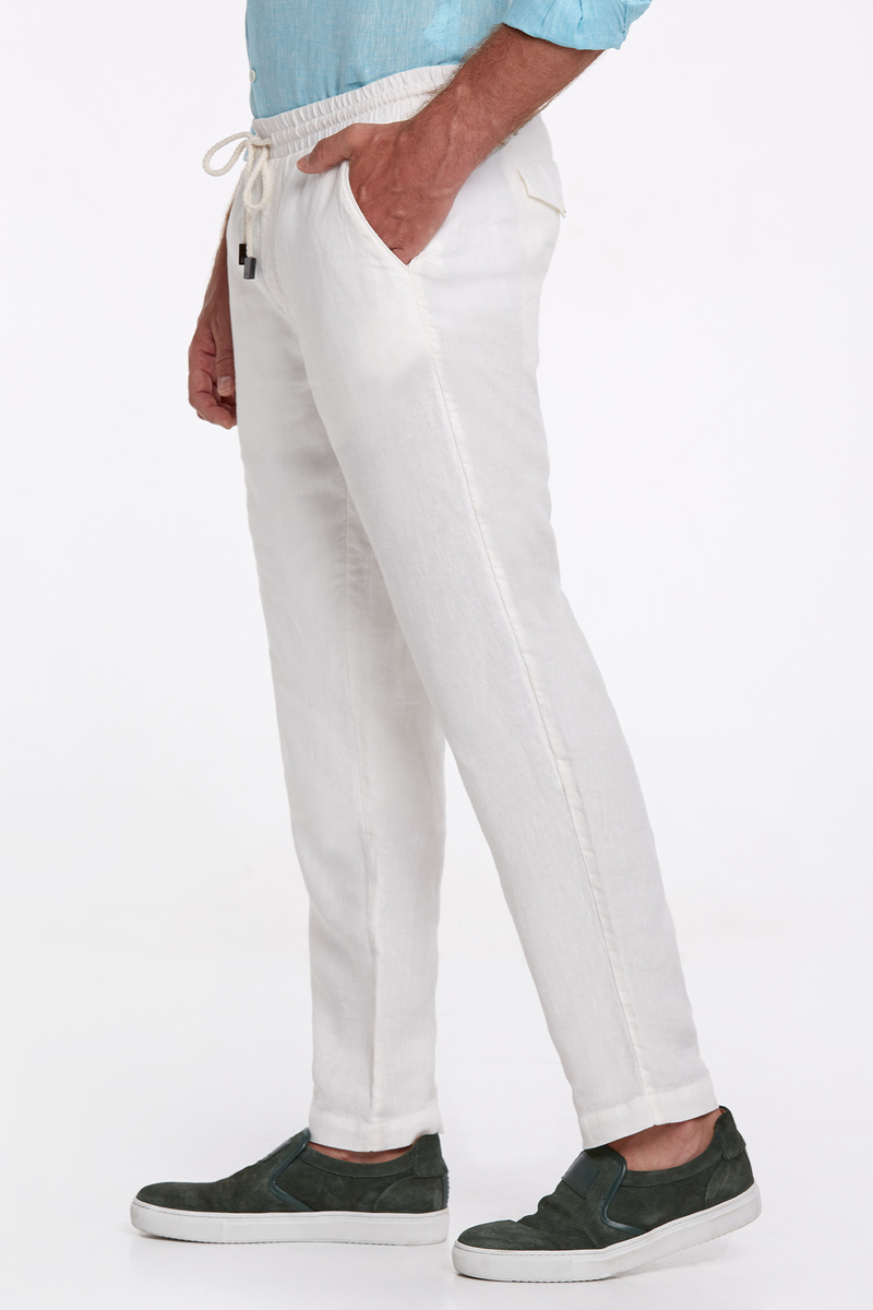 Hemington Bağcıklı Saf Keten Kırık Beyaz Pantolon. 3