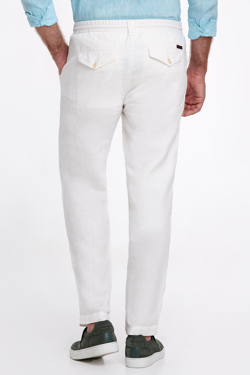Hemington Bağcıklı Saf Keten Kırık Beyaz Pantolon. 4