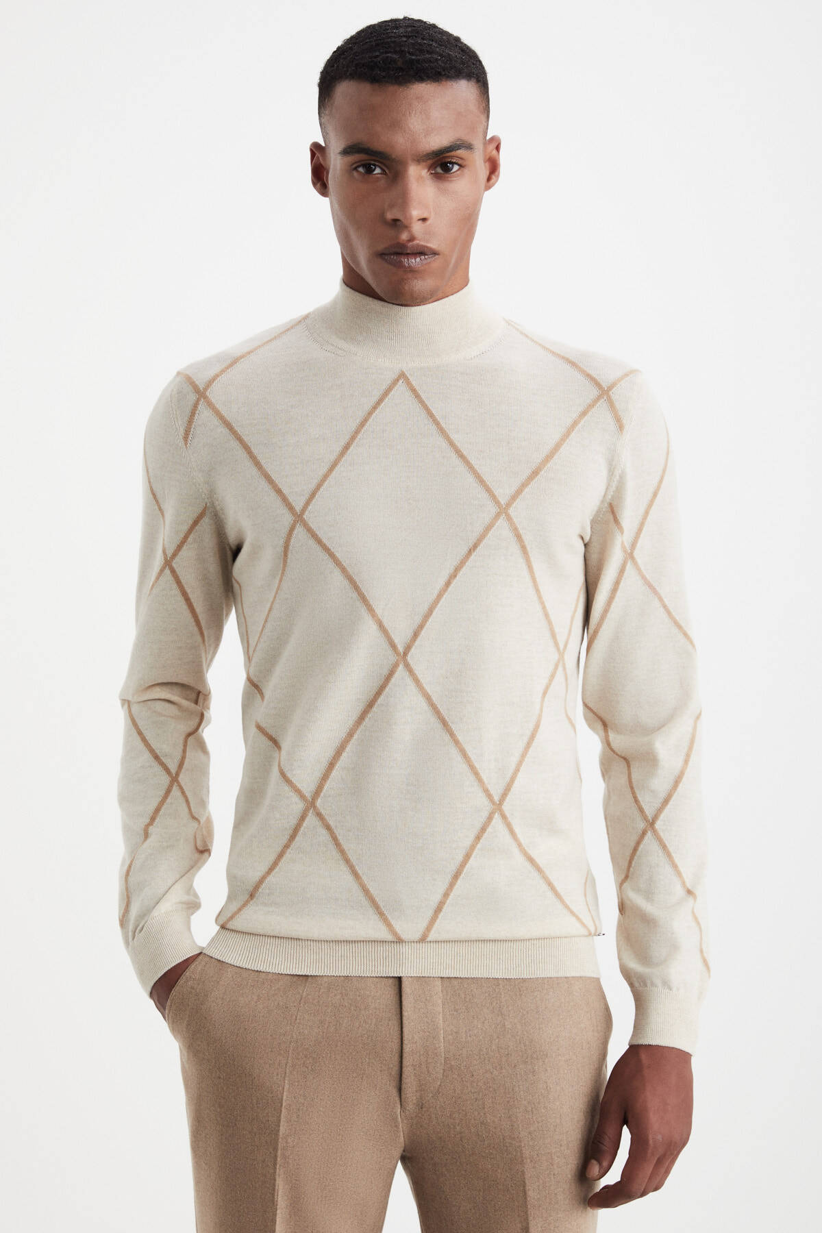 Baklava Desen Lupetto Yaka Merino Yün Açık Bej Triko