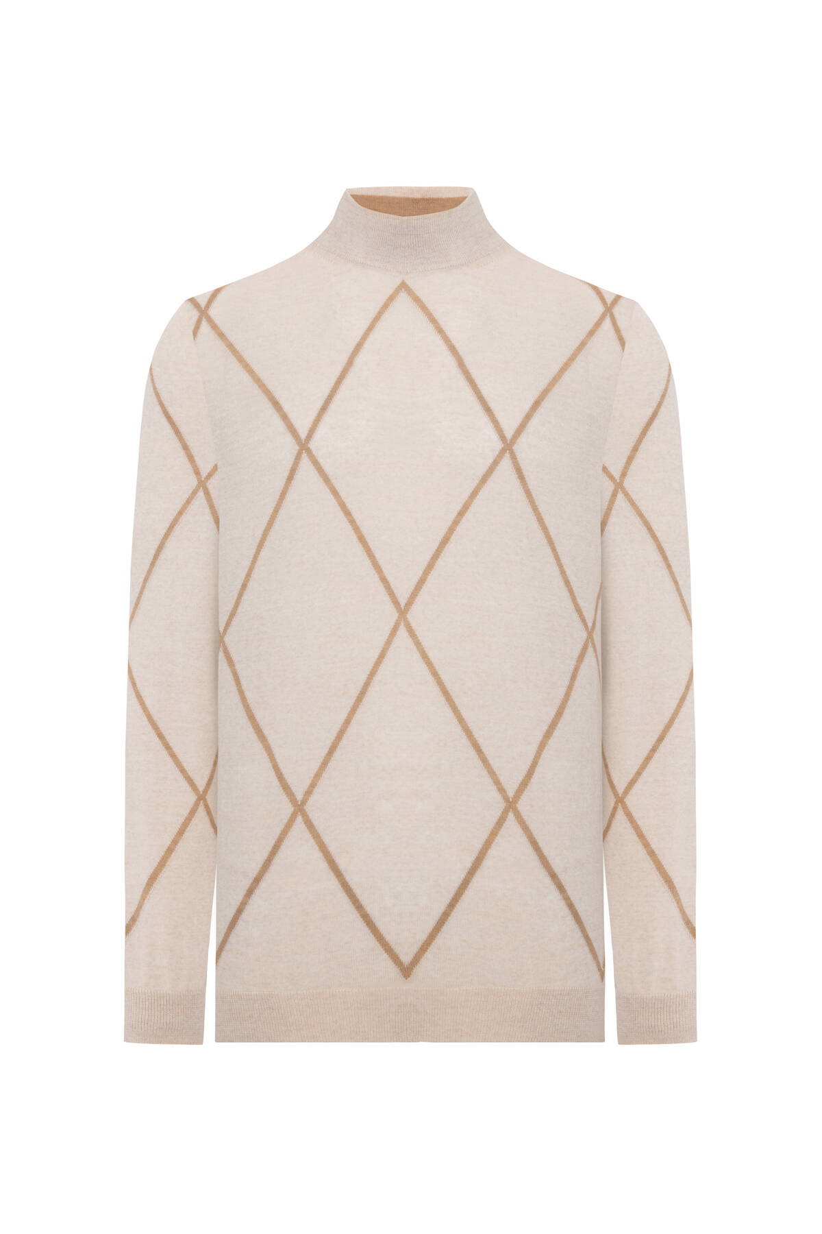 Baklava Desen Lupetto Yaka Merino Yün Açık Bej Triko
