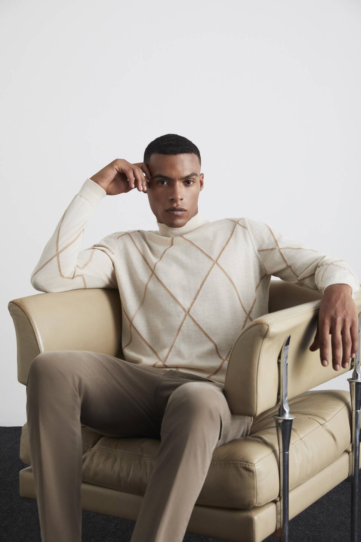 Baklava Desen Lupetto Yaka Merino Yün Açık Bej Triko