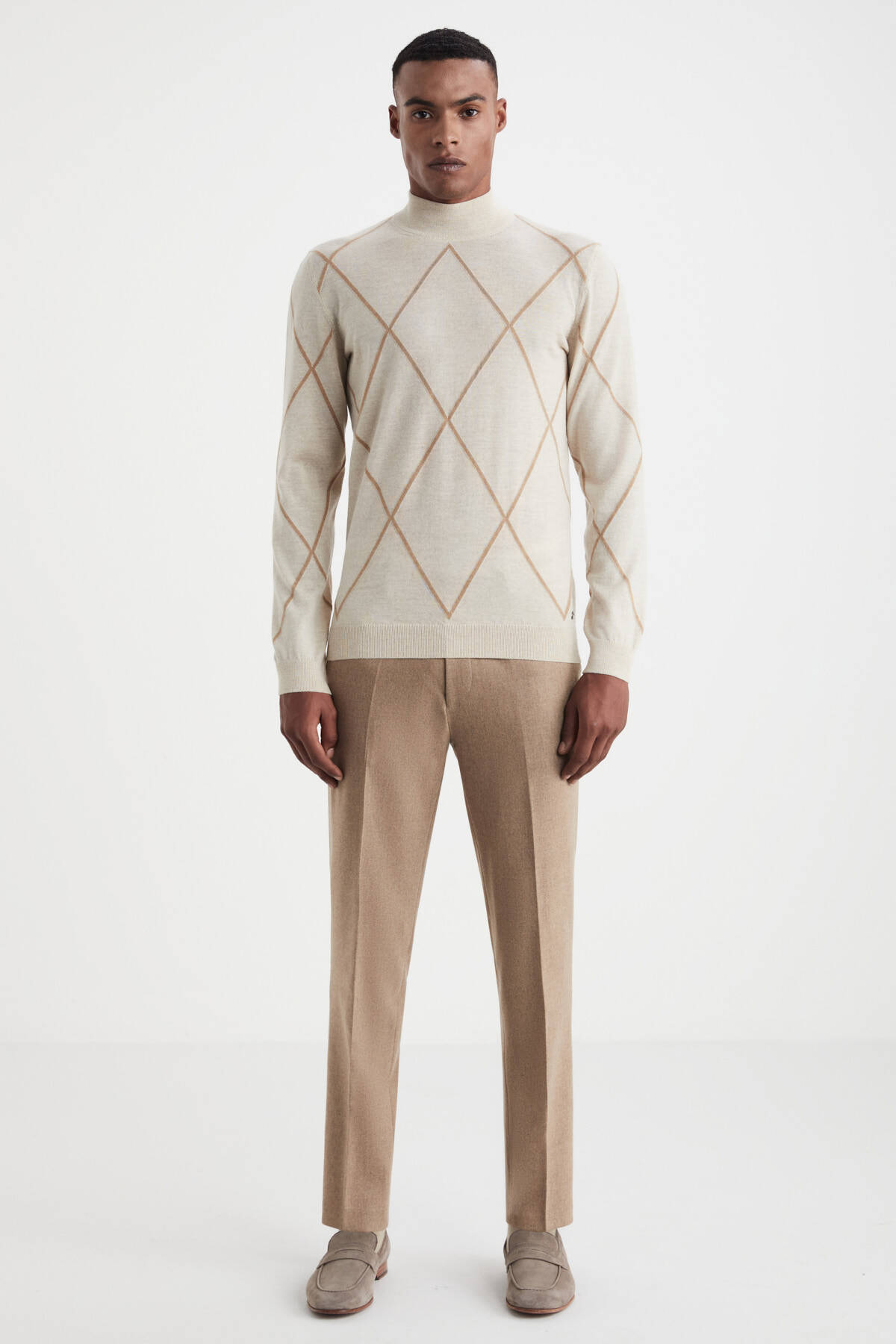 Baklava Desen Lupetto Yaka Merino Yün Açık Bej Triko