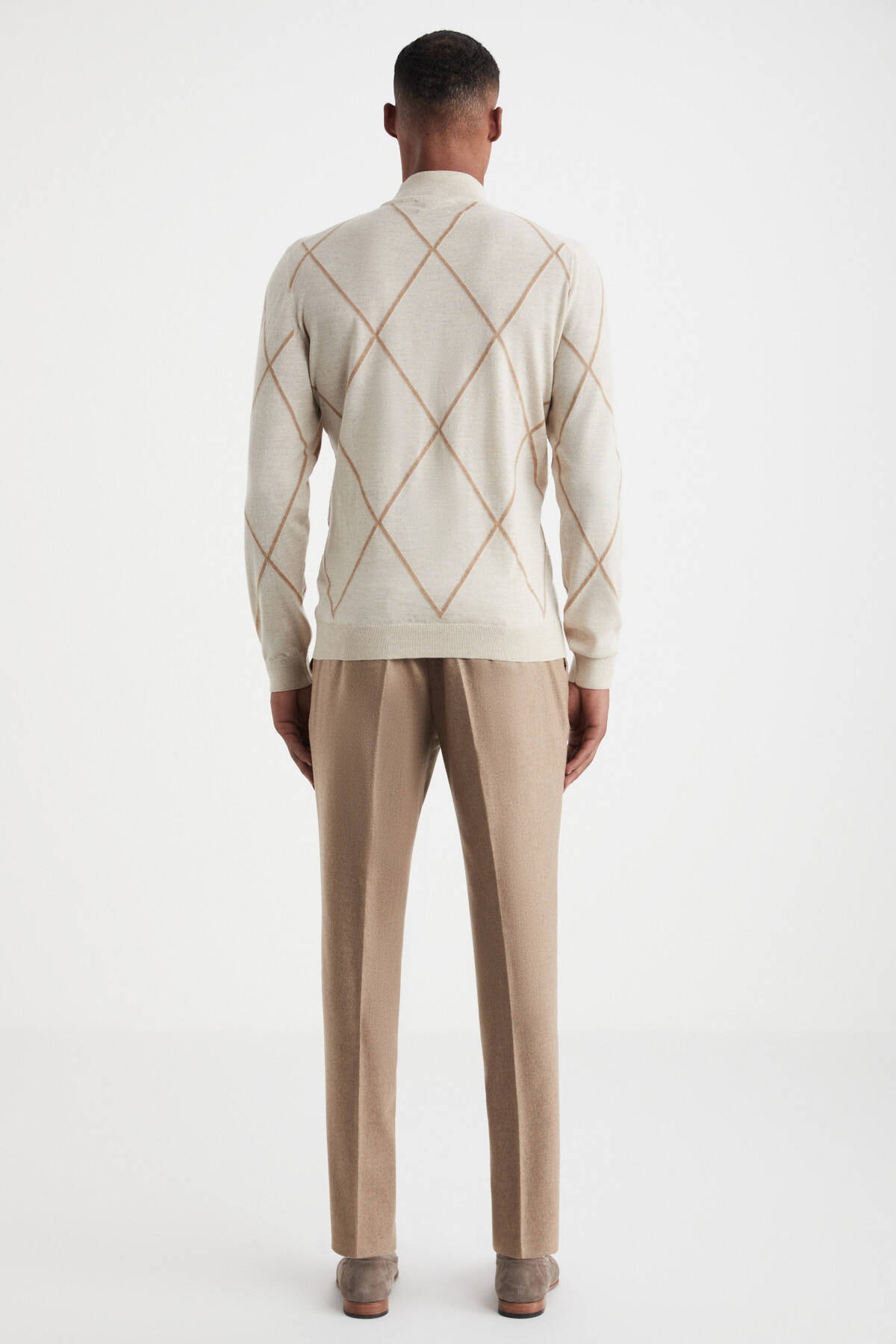 Baklava Desen Lupetto Yaka Merino Yün Açık Bej Triko