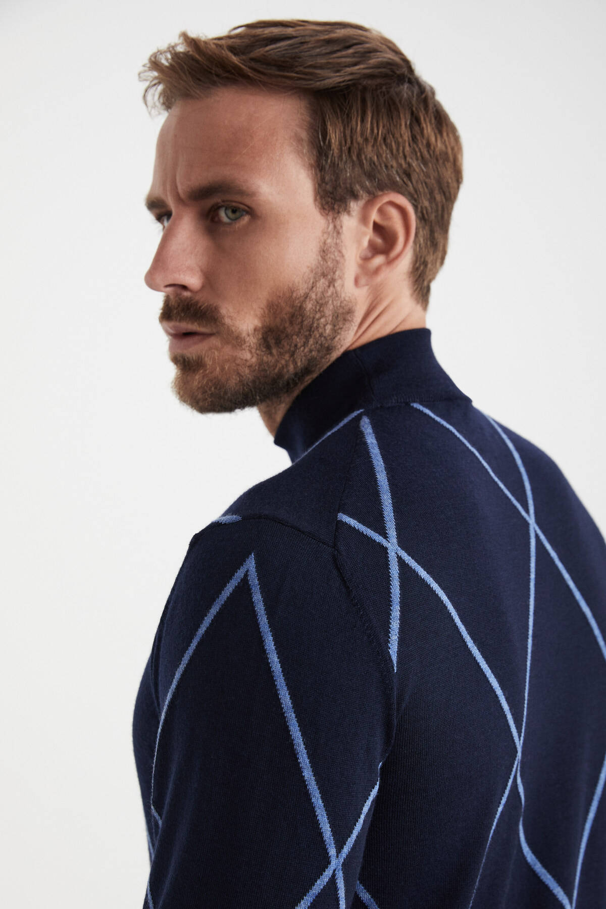 Baklava Desen Lupetto Yaka Merino Yün Lacivert Triko