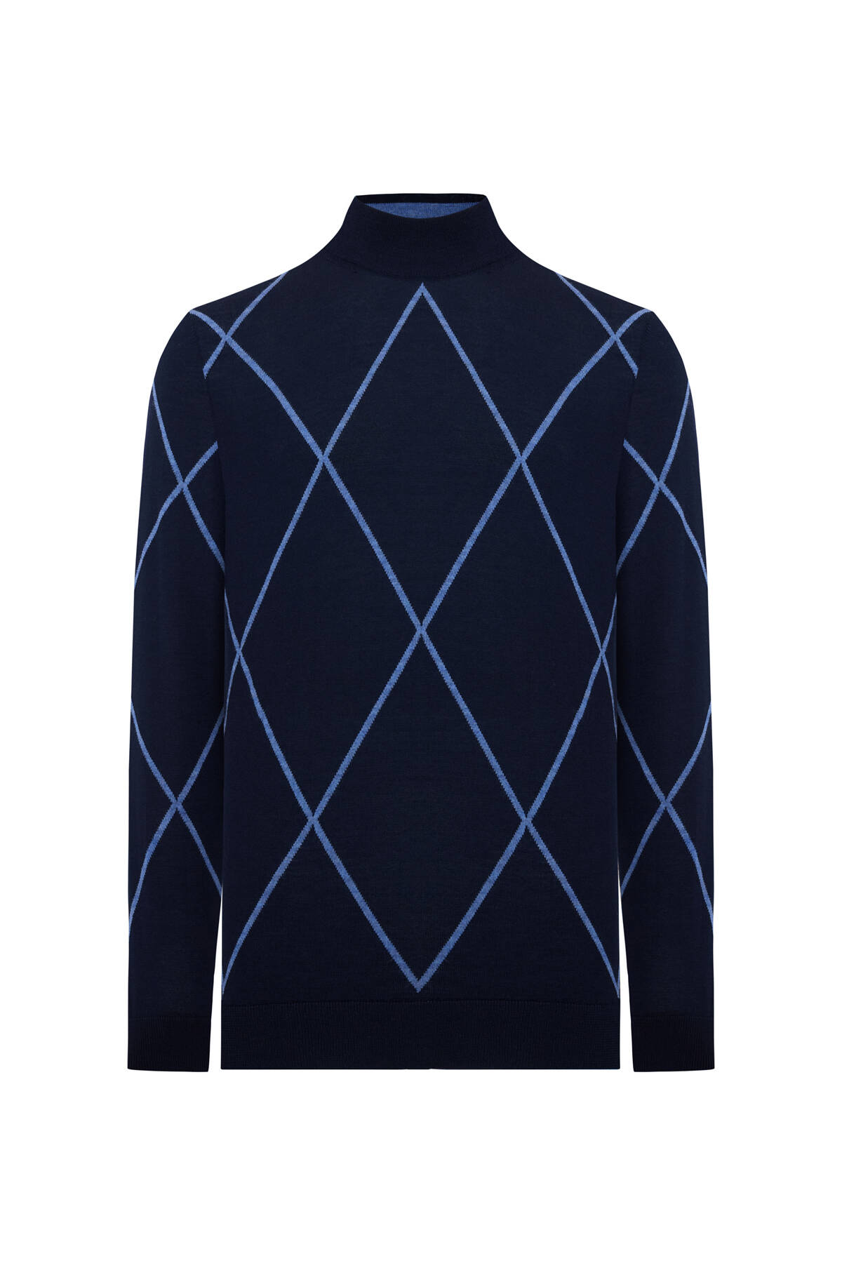 Baklava Desen Lupetto Yaka Merino Yün Lacivert Triko