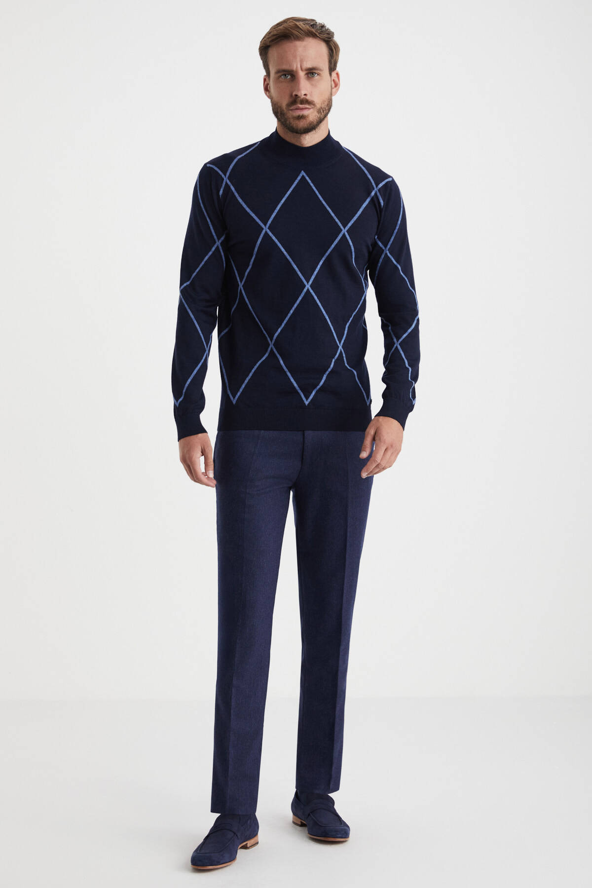 Baklava Desen Lupetto Yaka Merino Yün Lacivert Triko