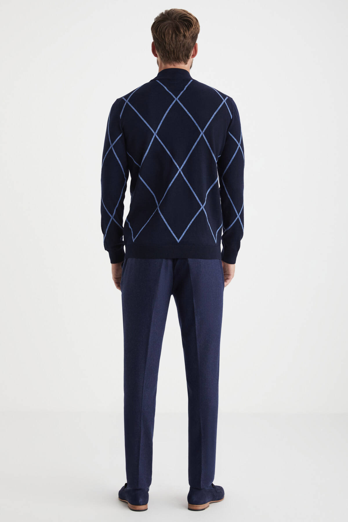 Baklava Desen Lupetto Yaka Merino Yün Lacivert Triko