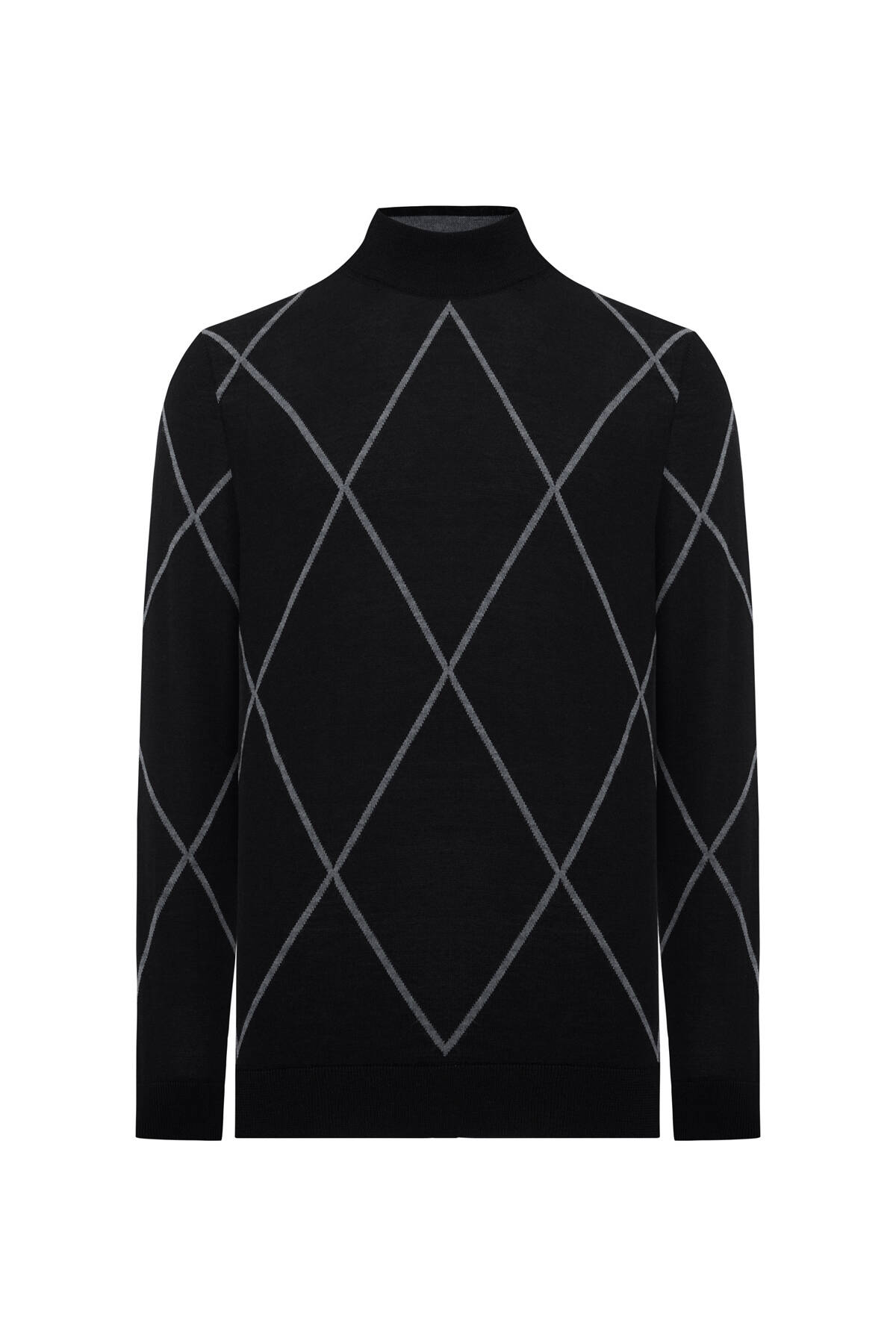 Baklava Desen Lupetto Yaka Merino Yün Siyah Triko