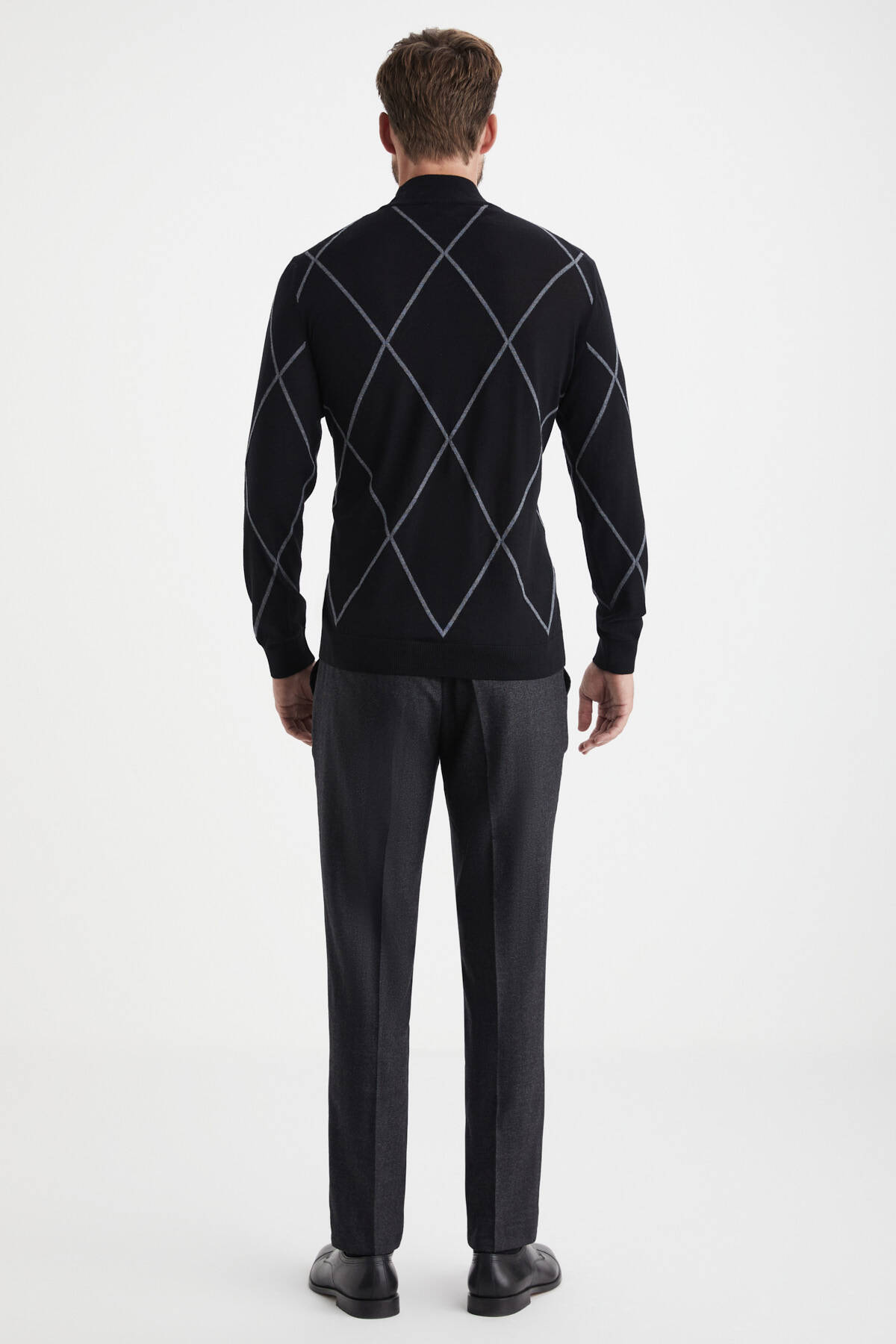 Baklava Desen Lupetto Yaka Merino Yün Siyah Triko