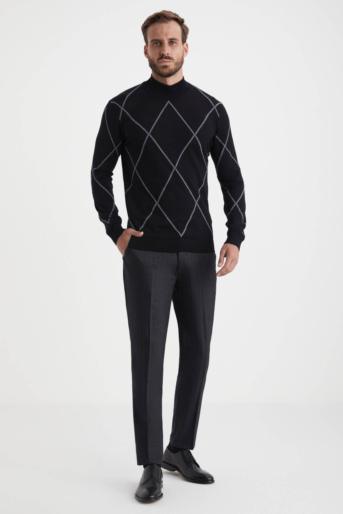 Baklava Desen Lupetto Yaka Merino Yün Siyah Triko