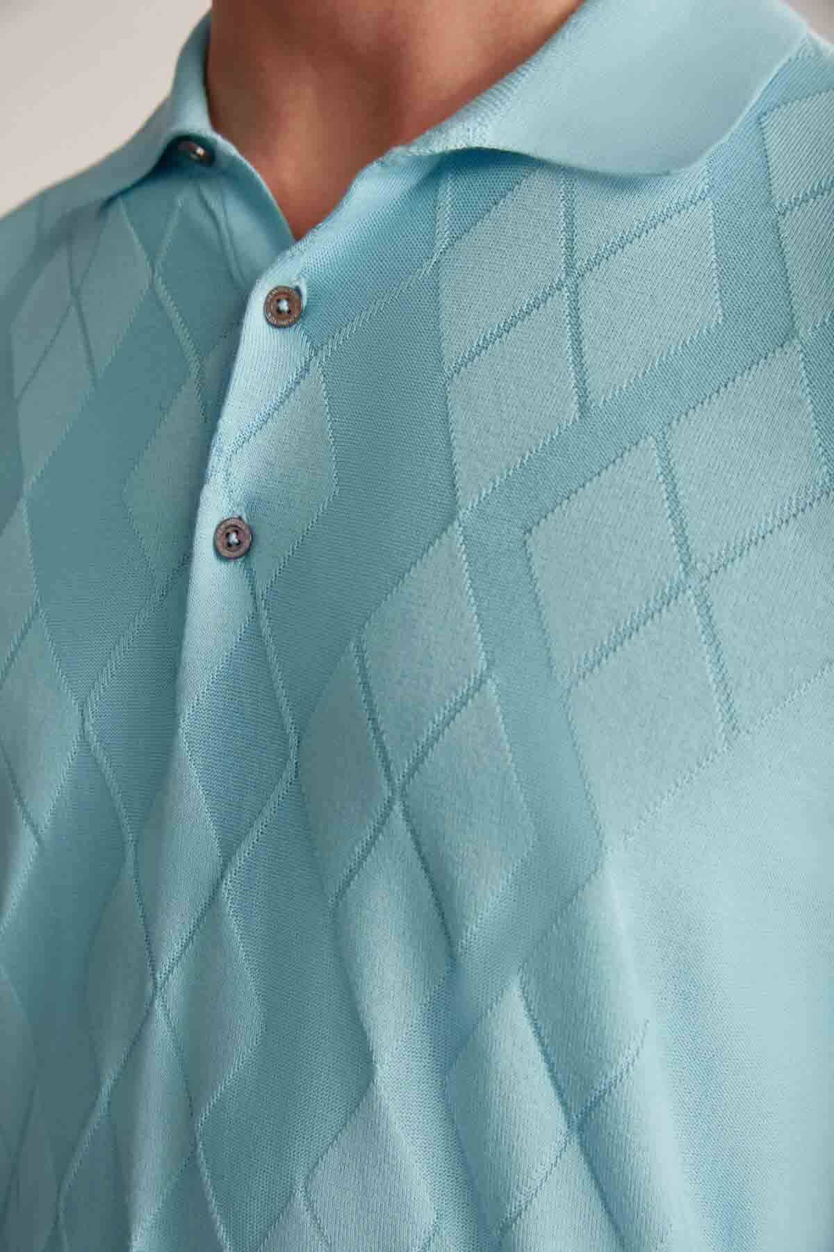 Baklava Desen Giza Pamuk Turkuaz Triko Polo