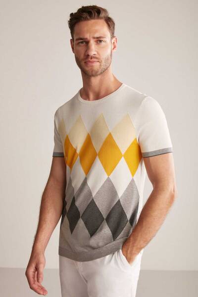 Argyle Desen Gri-Beyaz Giza Pamuk Triko T-Shirt