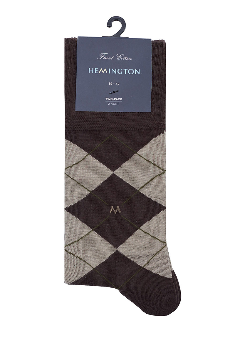 Hemington Baklava Desenli Kahverengi Pamuk İkili Çorap Seti. 4