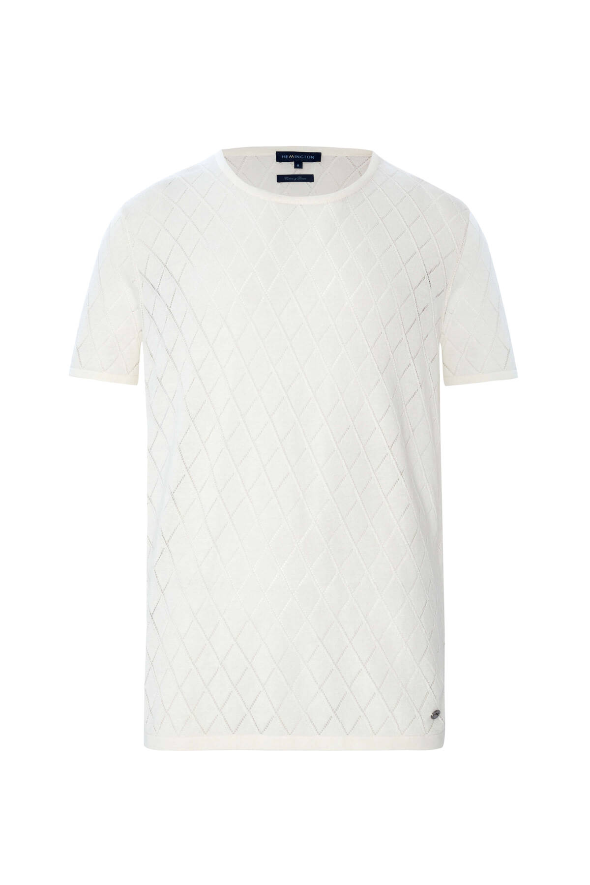 Baklava Desenli Keten Pamuk Karışım Beyaz Triko T-Shirt