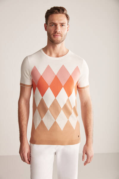 Argyle Desen Krem Rengi-Beyaz Giza Pamuk Triko T-Shirt
