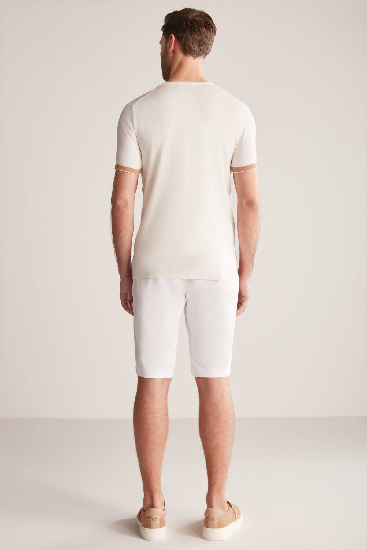 Argyle Desenli Krem Rengi-Beyaz Giza Pamuk Triko T-Shirt