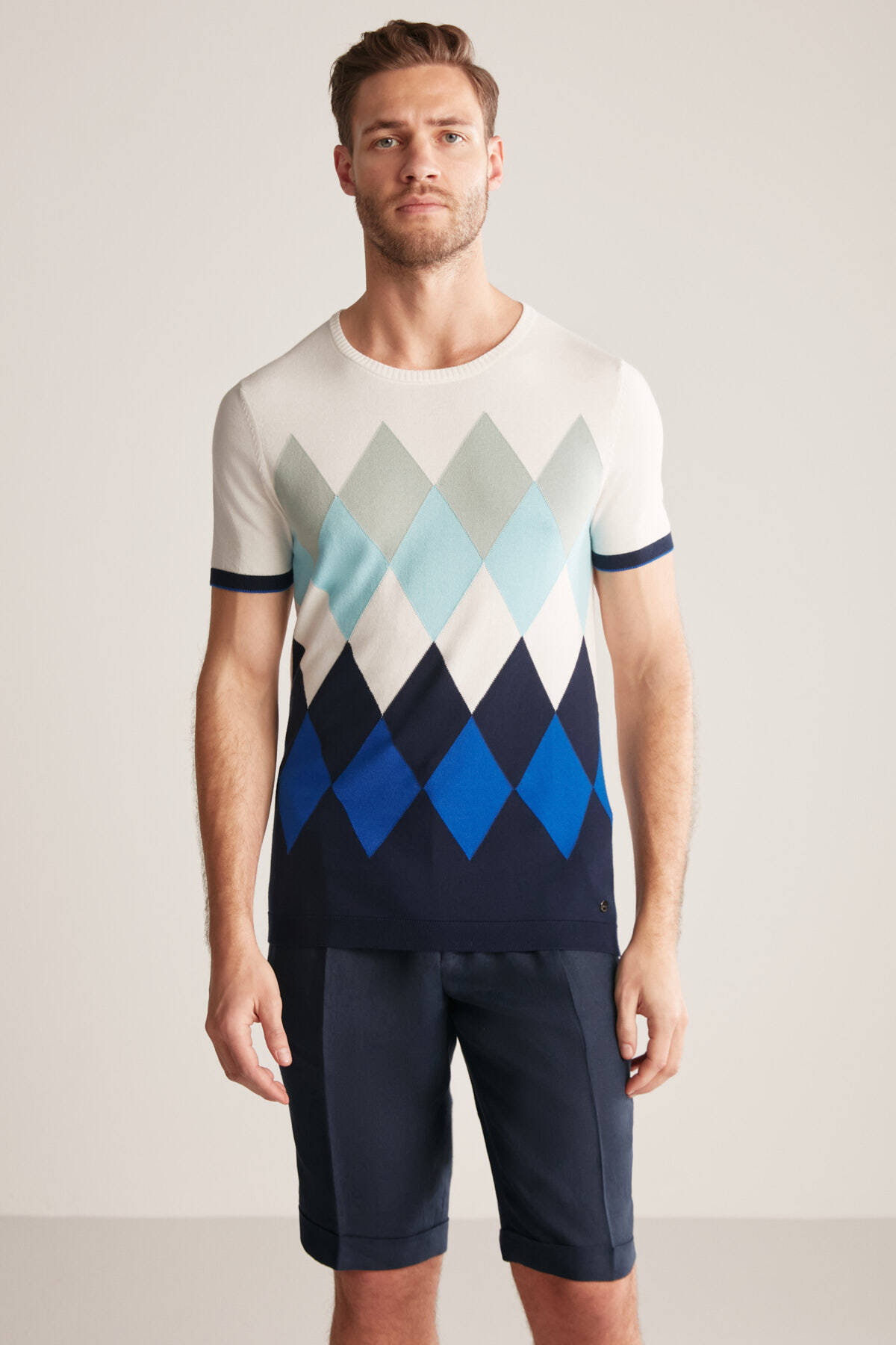 Argyle Desenli Mavi-Beyaz Giza Pamuk Triko T-Shirt