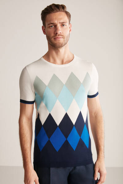Argyle Desen Mavi-Beyaz Giza Pamuk Triko T-Shirt