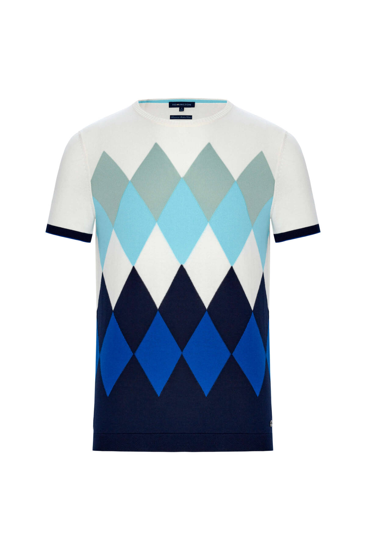 Argyle Desenli Mavi-Beyaz Giza Pamuk Triko T-Shirt