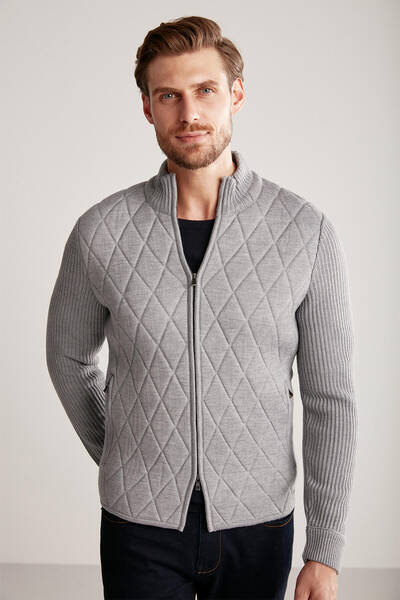 Baklava Desen Merino Yün Activewear Açık Gri Triko Mont