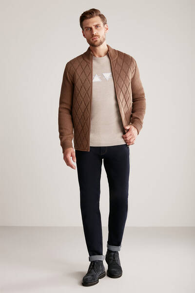 Baklava Desen Merino Yün Activewear Tütün Rengi Triko Mont