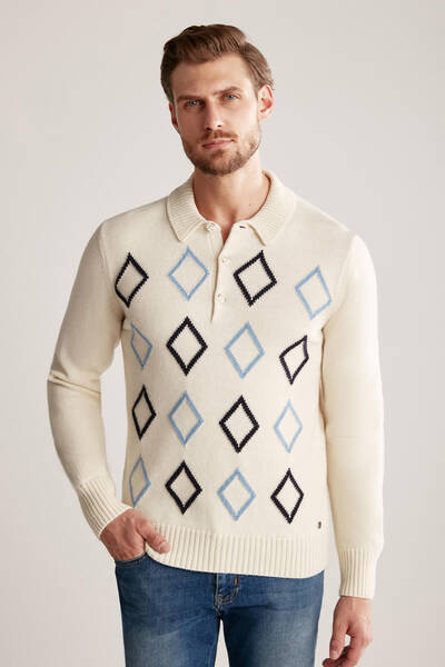 Hemington - Baklava Desen Polo Yaka Lambswool Ekru Kazak (1)