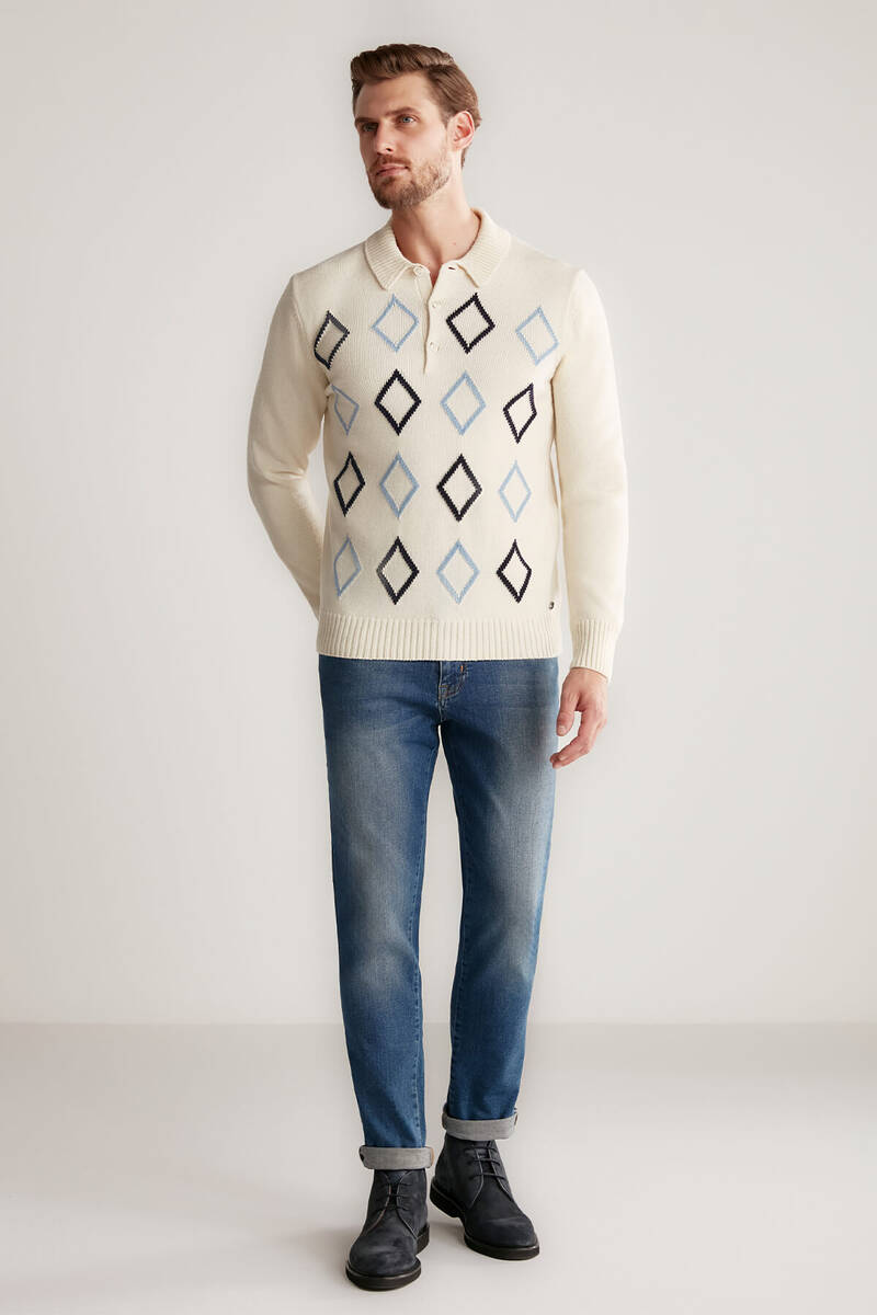 Hemington Baklava Desenli Polo Yaka Lambswool Ekru Kazak. 6 Hemington Baklava Desenli Polo Yaka Lambswool Ekru Kazak. 6