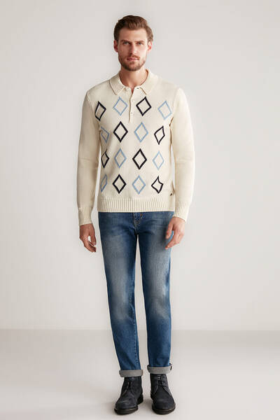 Hemington - Baklava Desen Polo Yaka Lambswool Ekru Kazak