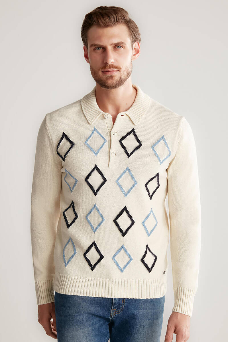 Hemington Baklava Desenli Polo Yaka Lambswool Ekru Kazak. 5 Hemington Baklava Desenli Polo Yaka Lambswool Ekru Kazak. 5