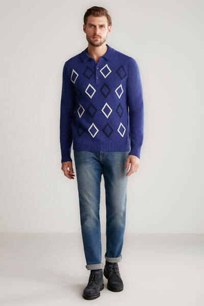 Hemington - Baklava Desen Polo Yaka Lambswool İndigo Mavi Kazak