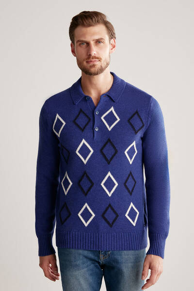 Hemington - Baklava Desen Polo Yaka Lambswool İndigo Mavi Kazak (1)