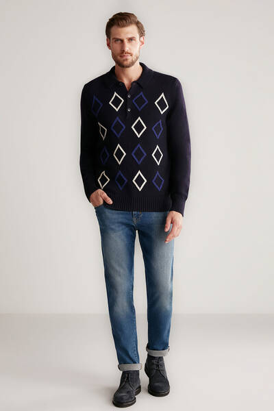 Baklava Desen Polo Yaka Lambswool Lacivert Kazak