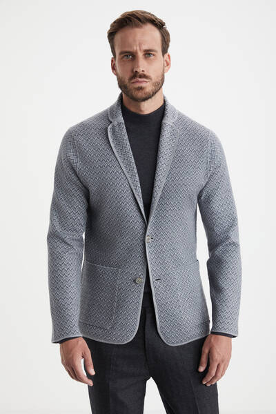 Balıksırtı Desen Çift Yönlü Açık Gri Merino Yün Triko Ceket